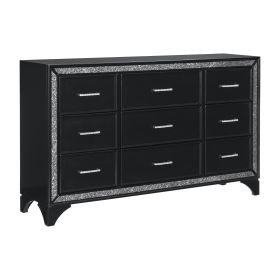 Pearl Black Metallic Finish Dresser 1pc 9 Drawers Silver Glitter Trim Modern Bedroom Furniture