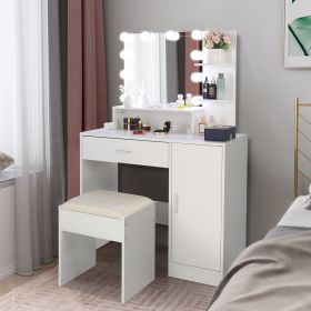 FCH Large Vanity Set with 10 LED Bulbs, Makeup Table with Cushioned Stool, 3 Storage Shelves 1 Drawer 1 Cabinet, Dressing Table Dresser Desk for Women