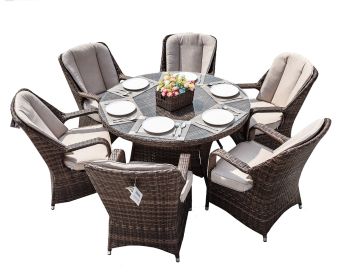 Direct Wicker Patio 7-Piece Brown Wicker Dining Set with Rattan Table and Armchair (Table Shape: Round)